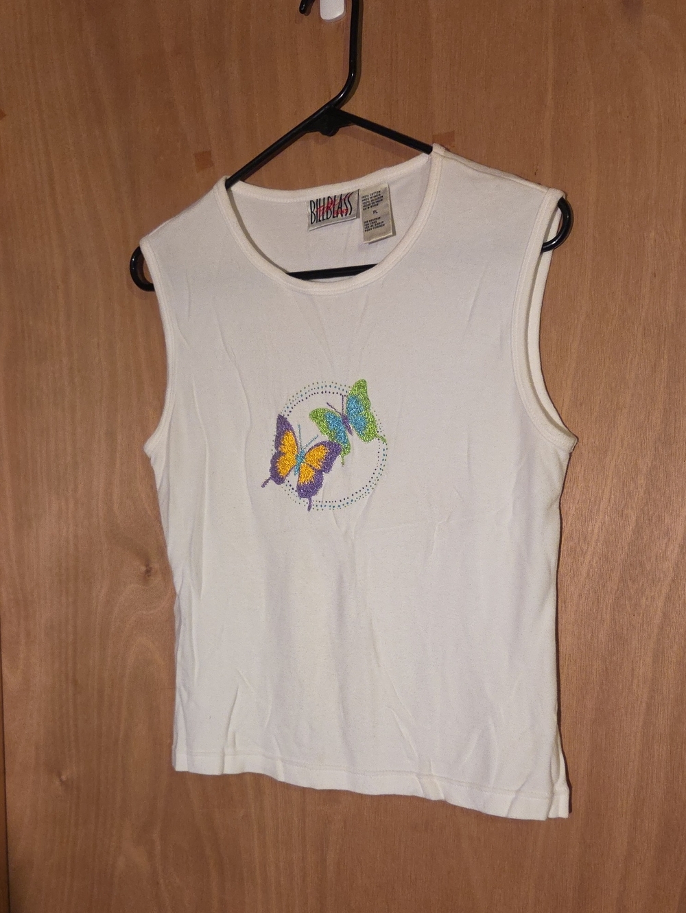 90s Bill Blass Petite White Tank Top with Colorful Butterfly Embellishment